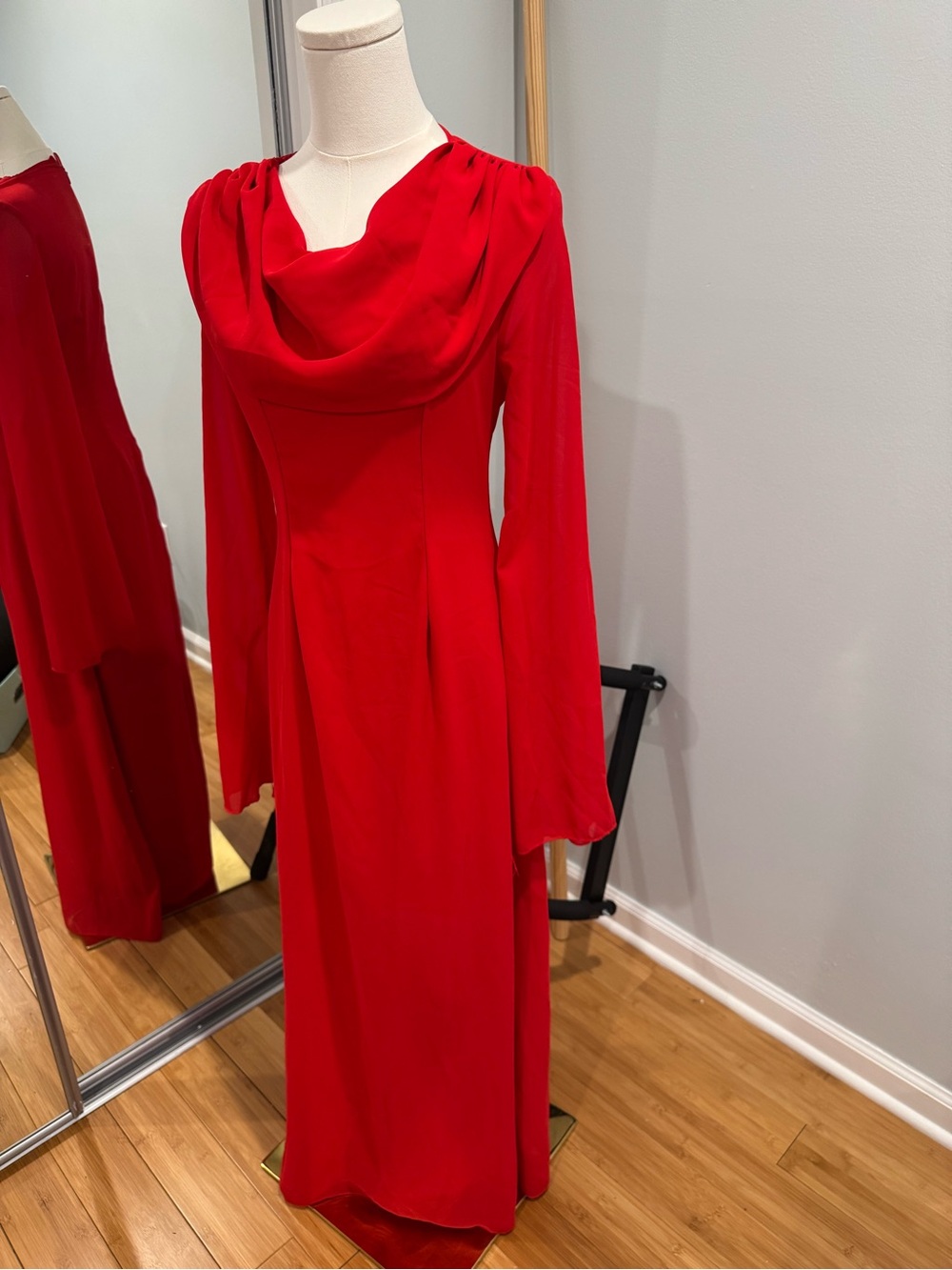 Red Long-Sleeve Cowl Neck Maxi Dress